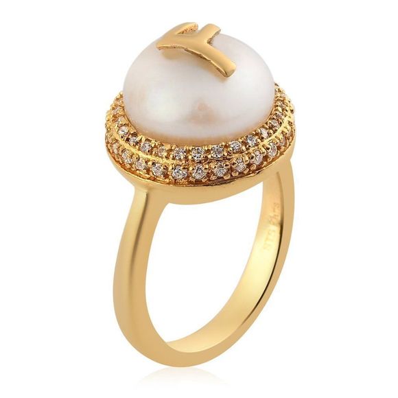 Freshwater Pearl 12mm and Simulated Diamond Initial F Ring in 18K YG Pla… - Picture 4 of 8